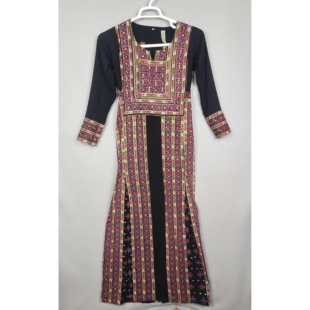 Palestinian Thobe Embroidered Dress Womens Small Long Sleeve Maxi Gown 139
